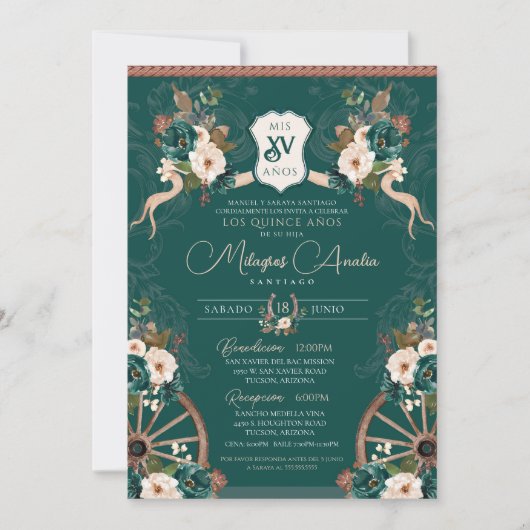 Emerald Green Elegant Baroque Charro Quinceanera Kaart (Voorkant)