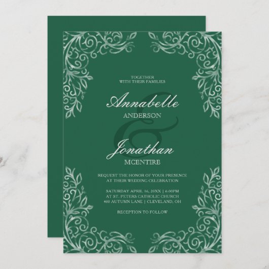 Emerald Green elegant lace bruiloft uitnodiging (Voorkant / Achterkant)