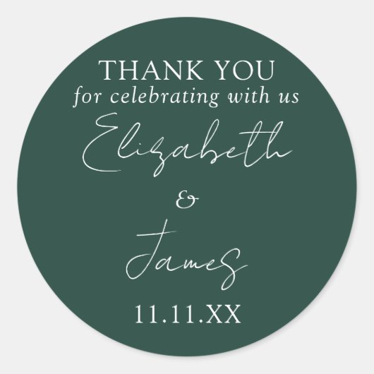Emerald Green Elegant Script Wedding Dank u Ronde Sticker (Voorkant)