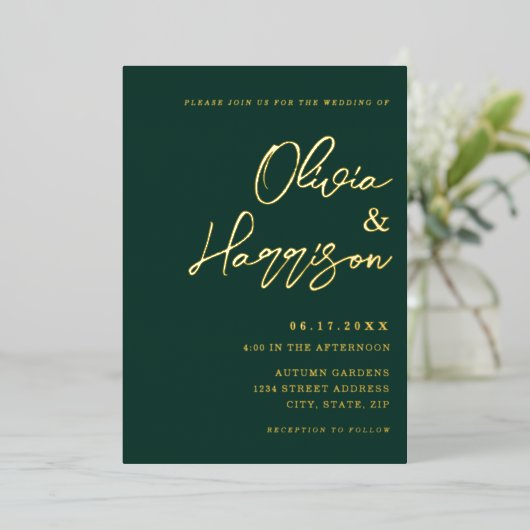 Emerald Green Elegant Script Wedding Folie Uitnodiging (Staand Voorkant)