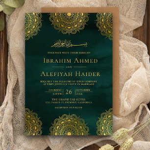 Emerald Green en Gold Asian Motif Muslim Wedding Kaart
