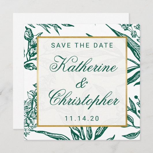 Emerald Green en Gold Botanical Save the Date (Voorkant / Achterkant)