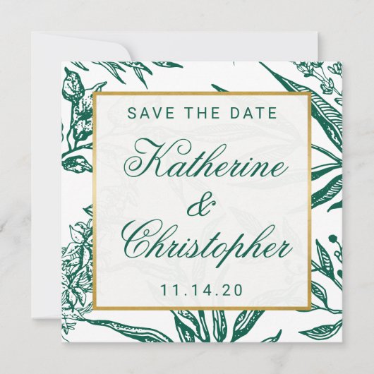 Emerald Green en Gold Botanical Save the Date (Voorkant)