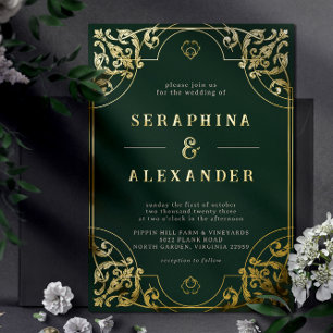 Emerald Green en Gold   Elegant Vintage Wedding Folie Uitnodiging