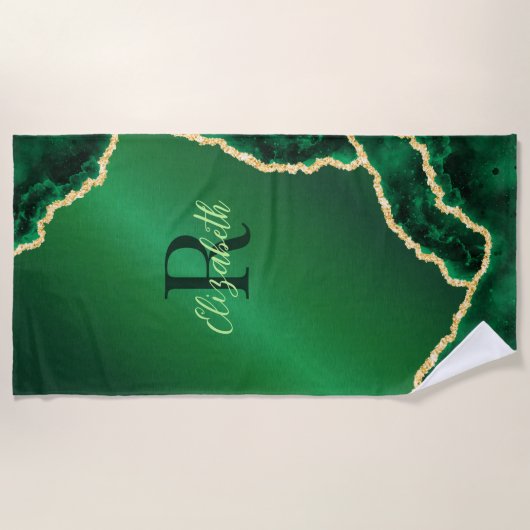Emerald Green en Gold Geode Elegant Monogrammed Strandlaken (Voorkant)