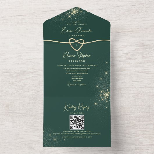 Emerald Green en Gold Glitter bruiloft All In One Uitnodiging (Binnen)