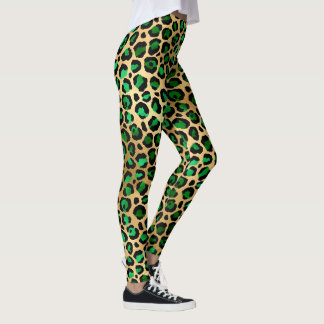 Emerald Green en Gold Leopard Print Leggings