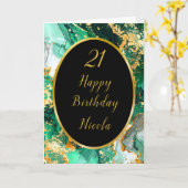 Emerald Green en Gold Marble Agate Verjaardagsfees Kaart (Gele Bloem)