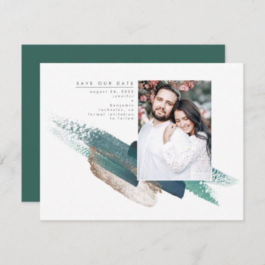 Emerald Green en Gold Modern Bewaar de datumfoto Save The Date (Voorkant / Achterkant)