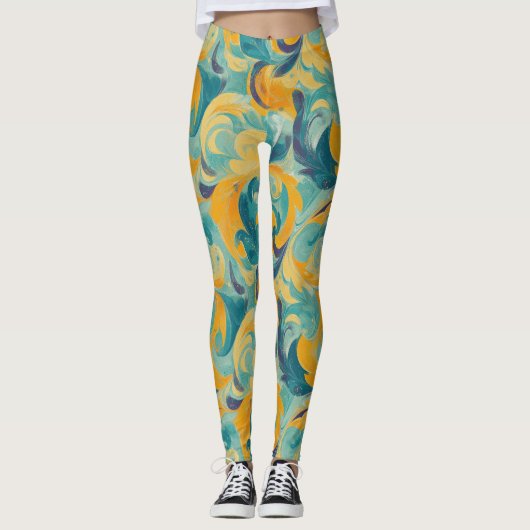 Emerald Green en Gold Paisley-geïnspireerde Abstra Leggings (Voorkant)