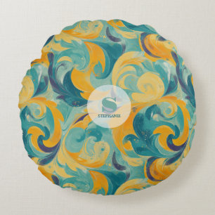Emerald Green en Gold Paisley-geïnspireerde Abstra Rond Kussen