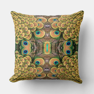 Emerald Green en Gold Peacock Feathers Kussen