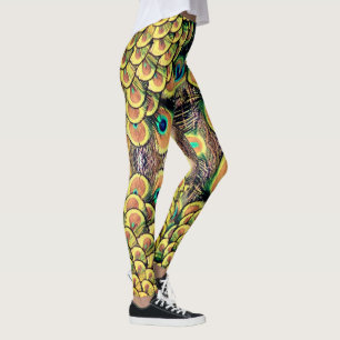 Emerald Green en Gold Peacock Feathers Leggings
