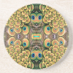 Emerald Green en Gold Peacock Feathers Zandsteen Onderzetter