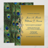 Emerald Green en Gold Peacock Wedding Kaart (Voorkant / Achterkant)