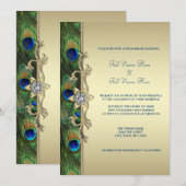 Emerald Green en Gold Peacock Wedding Kaart (Voorkant / Achterkant)