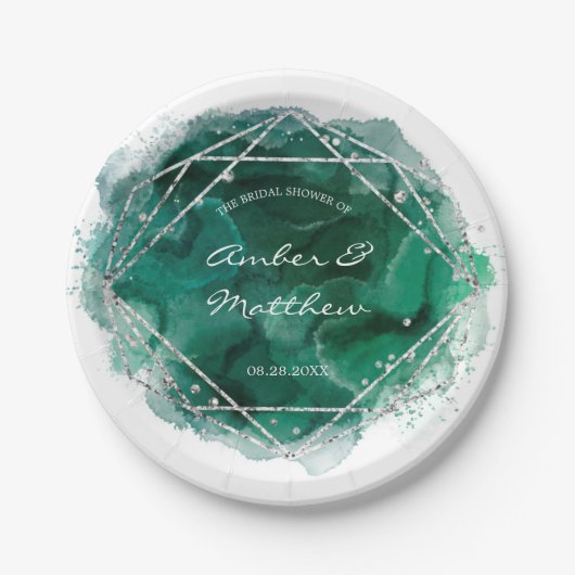 Emerald Green en Silver Geometric Wedding Papieren Bordje (Voorkant)