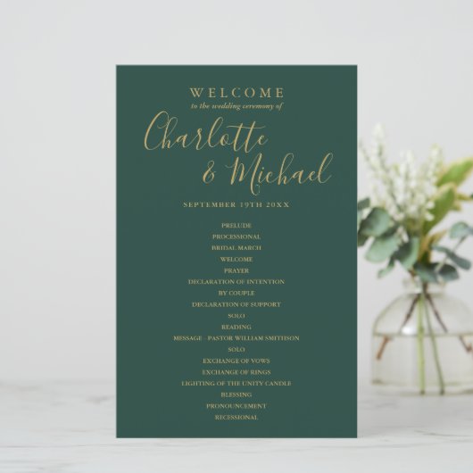 Emerald Green Et Gold Script Wedding Programme (Debout devant)