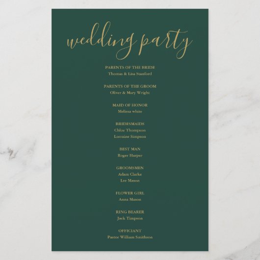 Emerald Green Et Gold Script Wedding Programme (Dos)