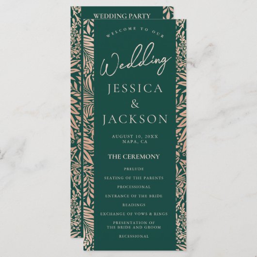 Emerald Green et Rose Gold Wedding Programme (Devant / Derrière)