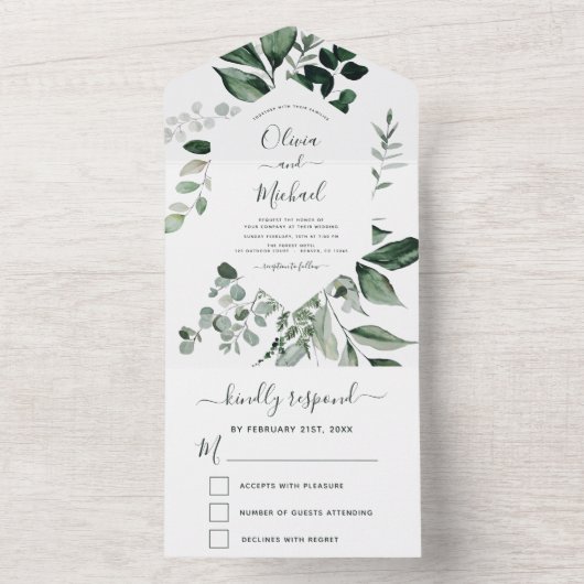 Emerald Green Eucalyptus Greenery Wedding RSVP All In One Uitnodiging (Binnen)