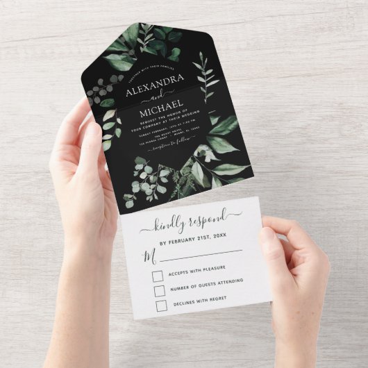 Emerald Green Eucalyptus Greenery Wedding RSVP All In One Uitnodiging (Afscheurbaar)