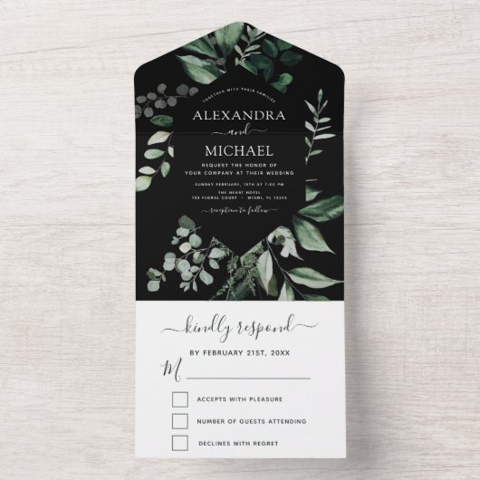 Emerald Green Eucalyptus Greenery Wedding RSVP All In One Uitnodiging (Binnen)