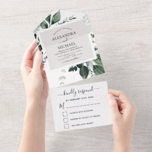 Emerald Green Eucalyptus Greenery Wedding RSVP All In One Uitnodiging