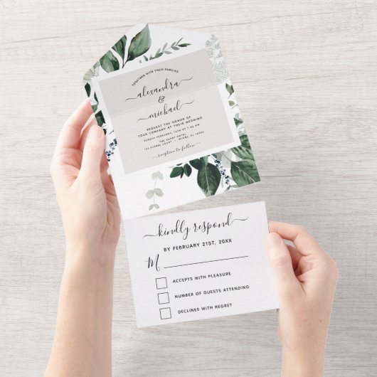 Emerald Green Eucalyptus Greenery Wedding RSVP All In One Uitnodiging (Afscheurbaar)