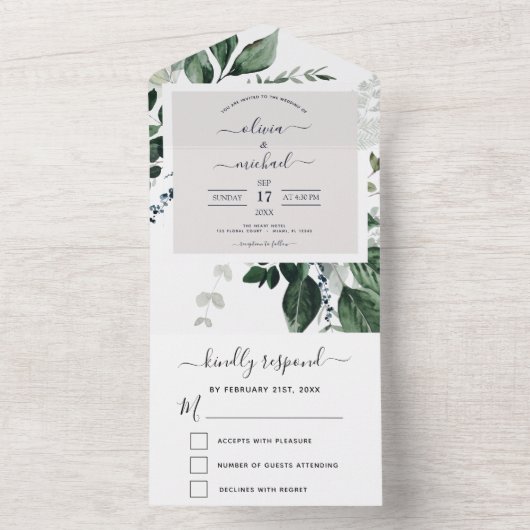 Emerald Green Eucalyptus Greenery Wedding RSVP All In One Uitnodiging (Binnen)