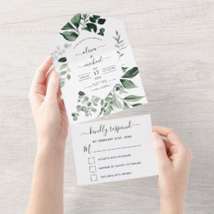 Emerald Green Eucalyptus Greenery Wedding RSVP All In One Uitnodiging