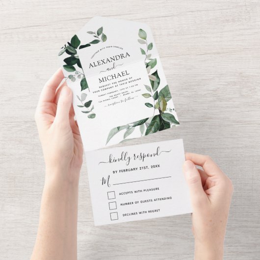 Emerald Green Eucalyptus Greenery Wedding RSVP All In One Uitnodiging (Afscheurbaar)