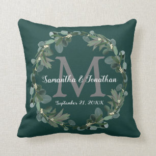 Emerald Green Eucalyptus Monogram Weddenschap Kussen