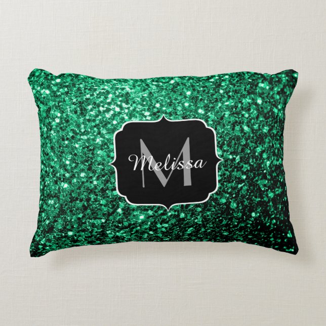Emerald Green faux glitter sparter Monogram Accent Kussen (Voorkant)