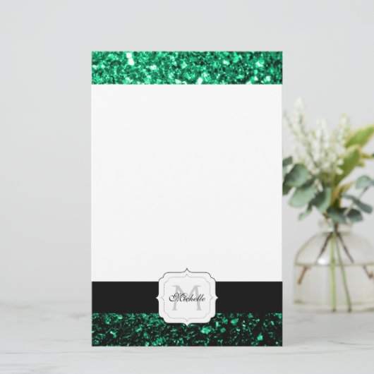 Emerald Green faux glitter sparter Monogram Briefpapier (Staand voorkant)