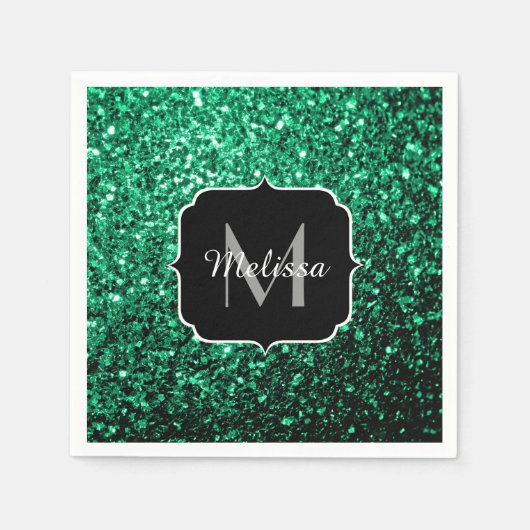 Emerald Green faux glitter sparter Monogram Servet (Voorkant)