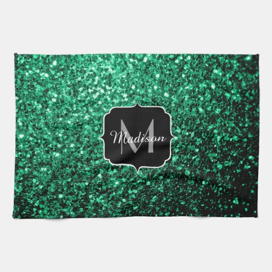 Emerald Green faux glitter sparter Monogram Theedoek (Horizontaal)