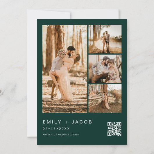 Emerald Green Five 5 foto QR code bruiloft Kaart (Voorkant)