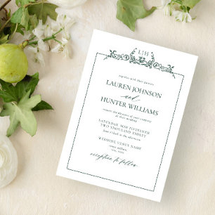 Emerald Green Floral Border Monogram Weddenschap Kaart