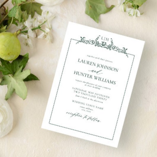 Emerald Green Floral Border Monogram Weddenschap Kaart