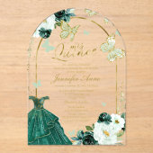 Emerald Green Floral Butterfly Quinceañera Acryl Uitnodigingen (Voorkant)