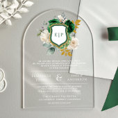 Emerald Green Floral Crest Monogram Huwelijk Acryl Uitnodigingen