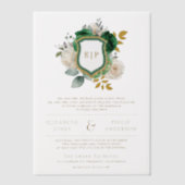 Emerald Green Floral Crest Monogram Huwelijk Vellum Uitnodigingen (Voorkant)