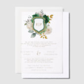 Emerald Green Floral Crest Monogram Huwelijk Vellum Uitnodigingen (Offset)
