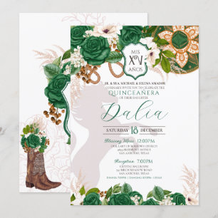 Emerald Green Floral Crest Roos Charro Quinceañera Kaart