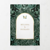 Emerald Green Floral Gold Arch Butterfly Wedding Drieluik Uitnodiging (Cover)