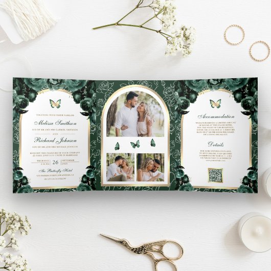 Emerald Green Floral Gold Arch Butterfly Wedding Drieluik Uitnodiging