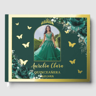 Emerald Green Floral Gold Quinceañera Quince Photo