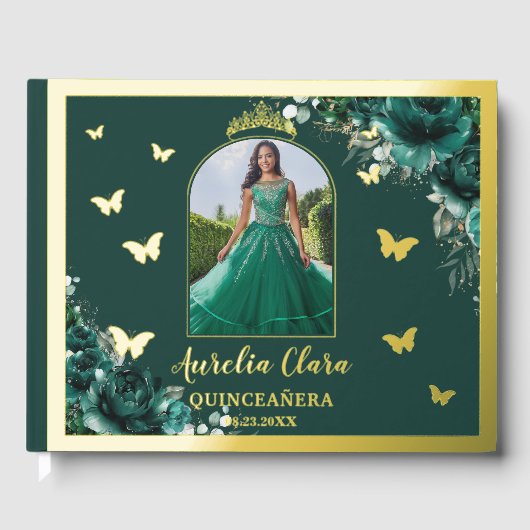 Emerald Green Floral Gold Quinceañera Quince Photo (Recto)