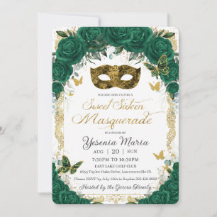 Emerald Green Floral Gold Sweet Sixteen Masquerade Kaart